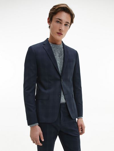 Calvin Klein Ruhák HU216001 | Calvin Klein Single-Breasted Wool Stretch Check Férfi Blézer Sötétkék